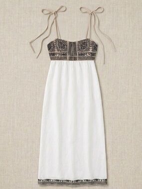 Zara White Poplin Embroidered Midi Dress Tie Strap Smocked Linen Blend Medium